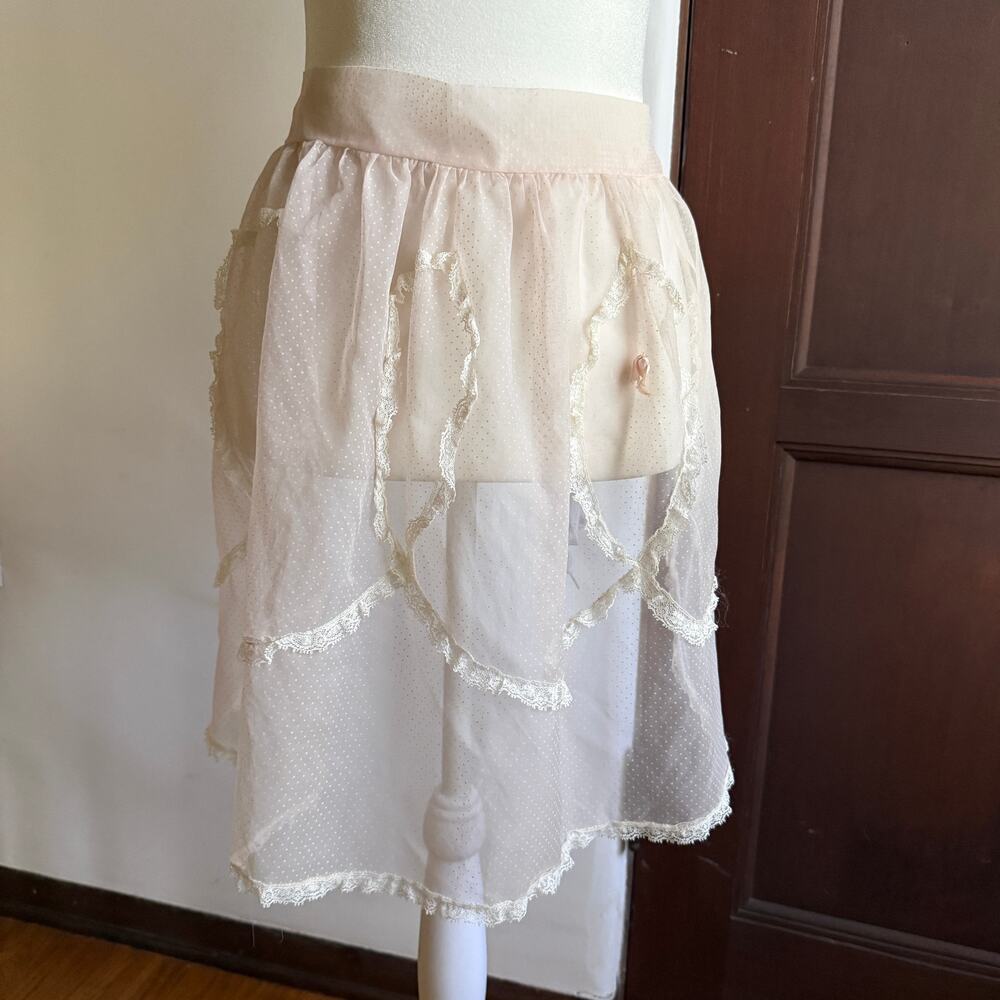 Vintage Sheer Swiss Dot Pink Chiffon Lace Ruffle Trim Half Apron